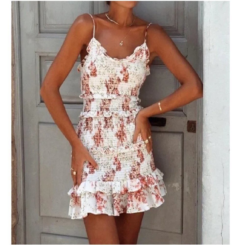 Zara Smocked Ruffle Floral spaghetti straps Mini Dress Size M